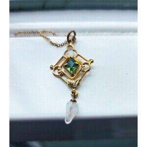 14K Yellow Gold Plated G.O. Amco Art Nouveau Antique Peridot & Pearl Necklace